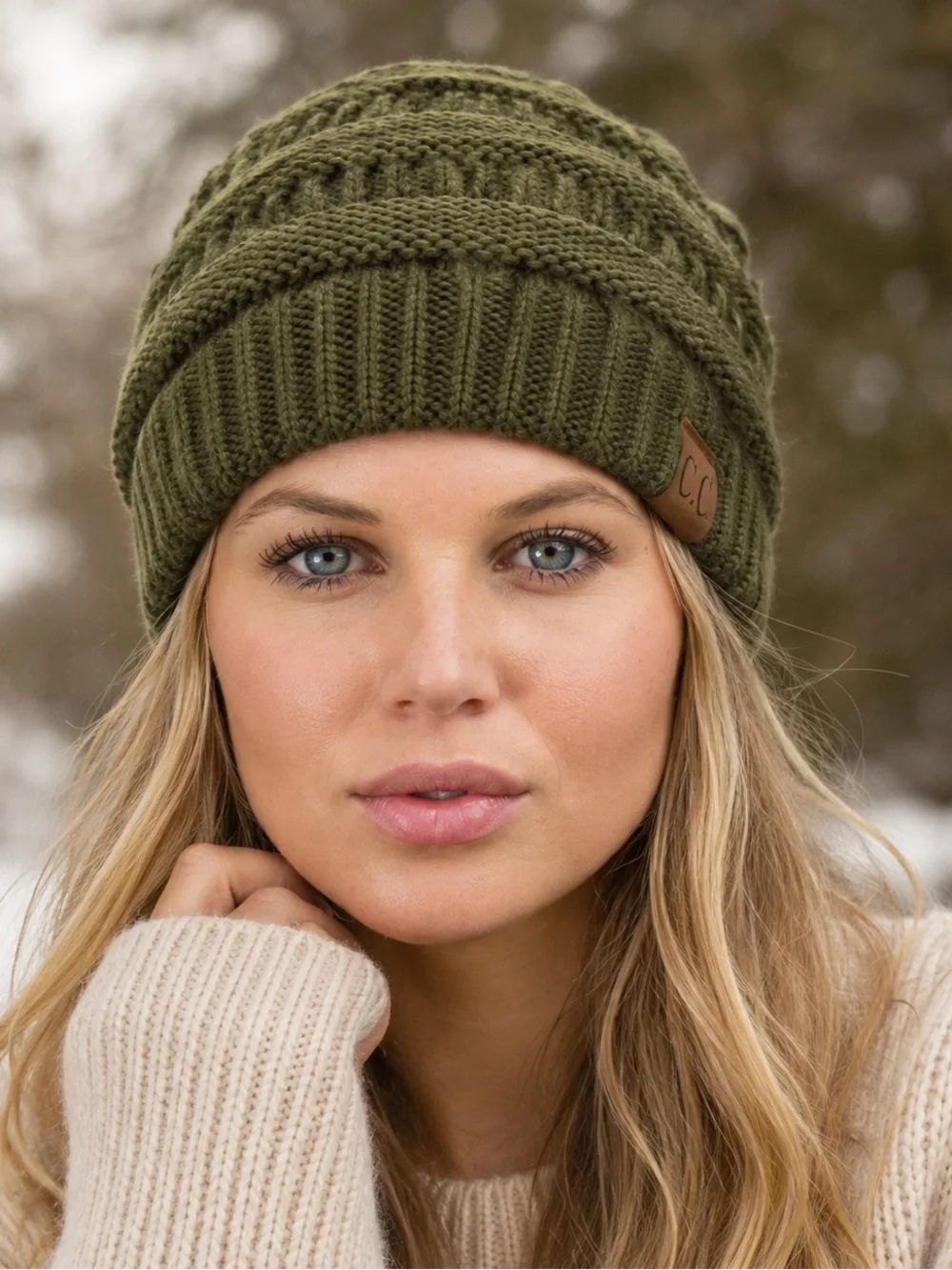 C.C Exclusives Beanie Olive Green Knit Slouchy